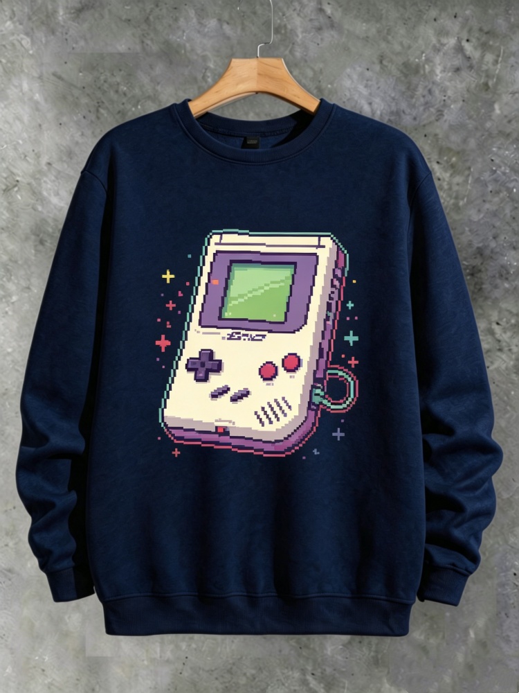 Gaming Console Shop - Herren Retro-Spielkonsolen-Sweatshirt 8-Bit-Pixel-Art-Gaming-Print Locker Sitzender Rundhals-Pullover